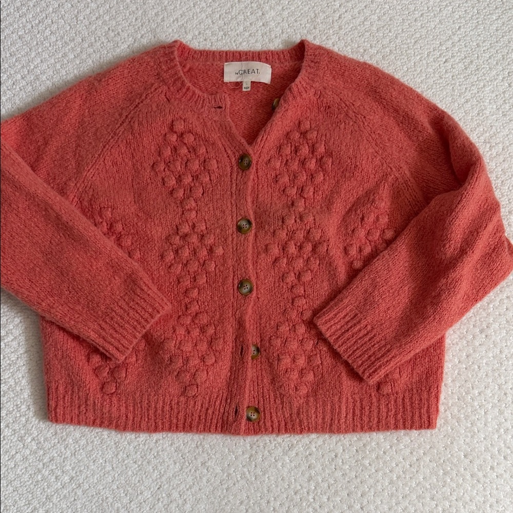 THE GREAT. Coral Bobble-Knit Button Cardigan